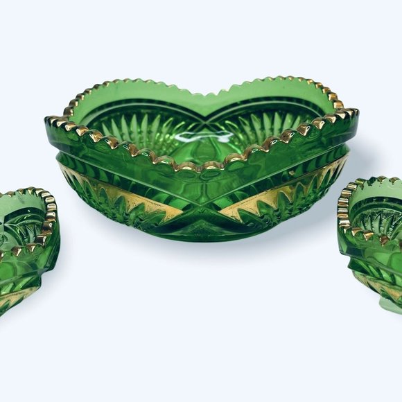 RARE Heisey Glass Emerald Green Pineapple and Fan Gold Bowls EAPG 1898 Set of 3 - Picture 10 of 10